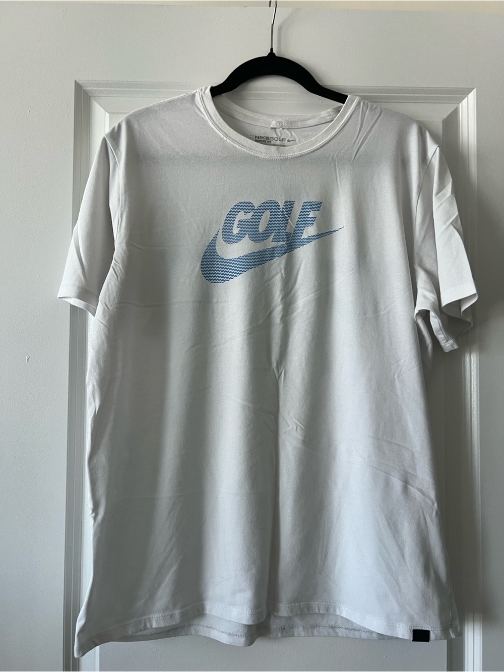 Nike Men’s White Short-Sleeve Golf Logo Tee with Light Blue Swoosh